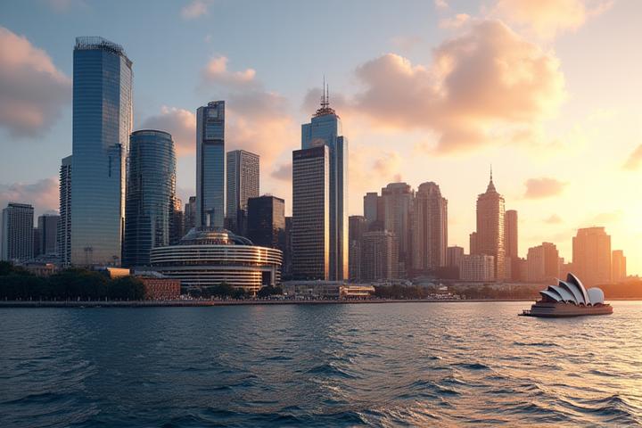 Sydney skyline at dusk with lights